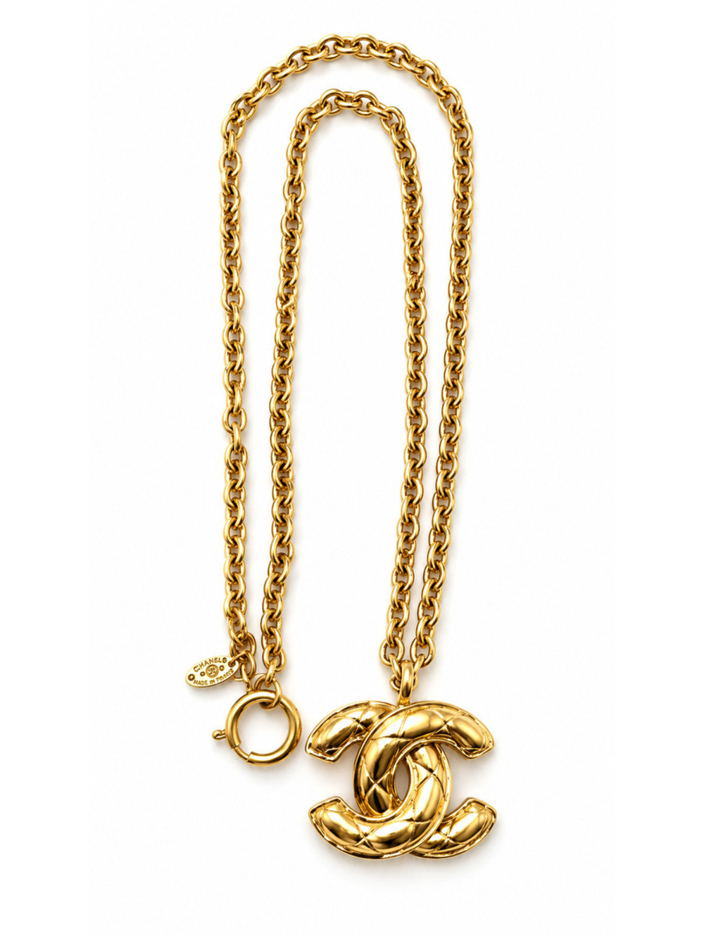 CHANEL VINTAGE GOLD-PLATED CC MATELASSÉ DESIGN PENDANT NECKLACE